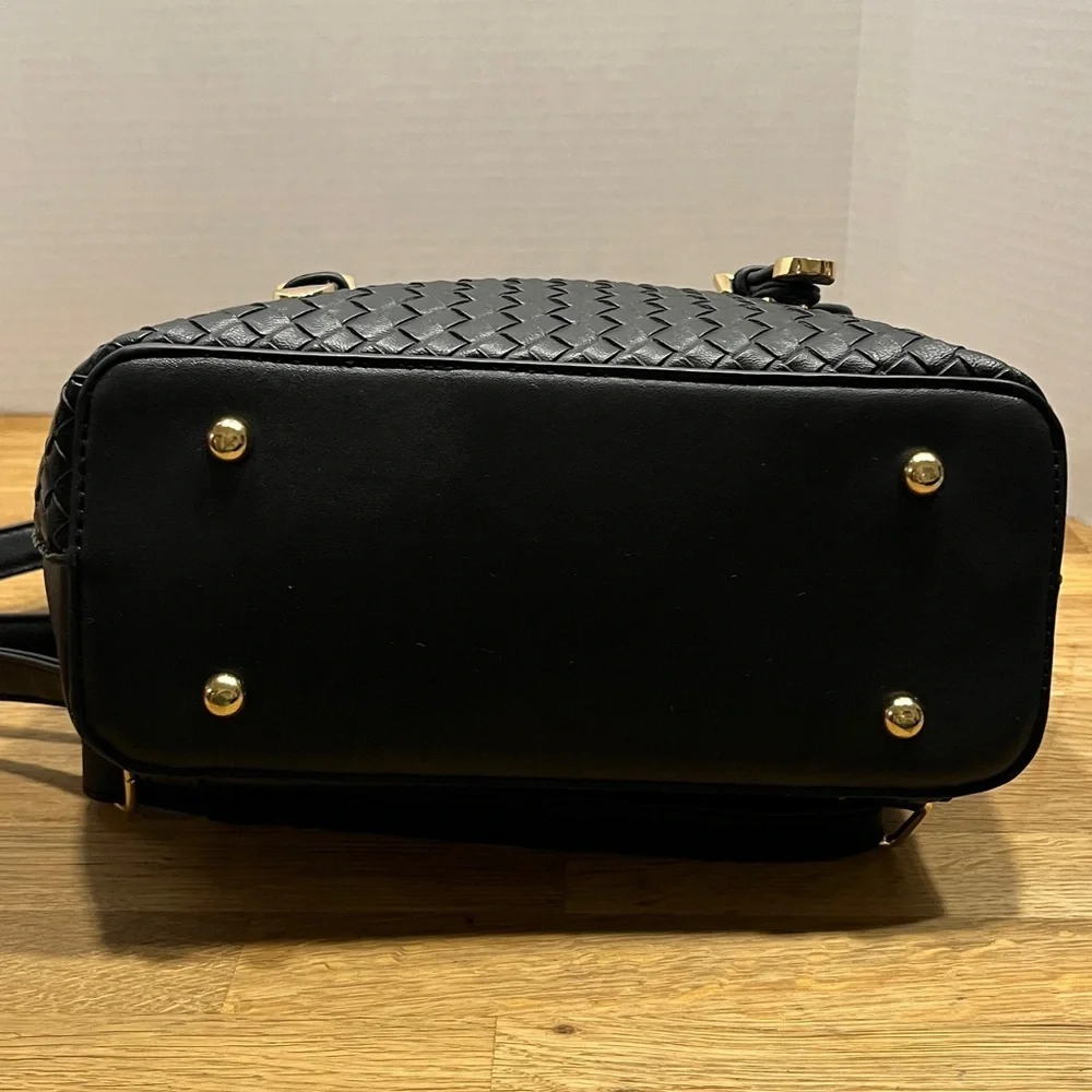 Malibu Skye Black & Braided Black Faux Leather Backpack Purse w/ Gold Tone Trim